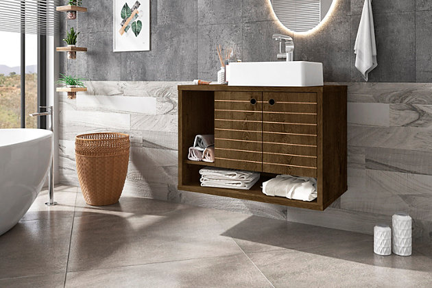 Refresh your bathroom or powder room with the Liberty vanity. This vanity offers storage and style all at once. Beautiful splayed legs and detailed cabinet doors are seamless and versatile, easily blending with any interior design. Cabinet doors conceal shelving space to help arrange personal items, cleaning supplies and more, while a lower open shelf is great for tucking away additional items. Open side storage stashes away extra supplies and displays towels, giving your bathroom that hotel feel.Floating/wall-mounted vanity with sink for bathroom usage | Rustic brown finish | Made with wood | Sink made with faux marble; vessel faucet installation type | Includes optional splayed legs made with solid wood for extra durability | Includes 2 open shelves for storage and 2 doors concealing water pipes | 90-degree open door style with soft-close features and ring cutout knobs with sleek lateral line indent design | Assembly required