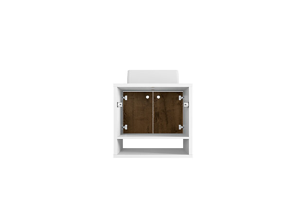 Spruce up your powder room or master bath with the Liberty bathroom sink vanity. This vanity offers storage and style, all while seamlessly tucking away your essentials to transform your space into a hotel- or spa-like bathroom. Detailed doors conceal storage shelves that help store toiletries, tissues or cleaning supplies, while a lower open shelf provides a charming display area.Floating/wall-mounted vanity with sink for bathroom usage | White and rustic brown finish | Made with wood | Sink made with faux marble; vessel faucet installation type | Includes optional splayed legs made with solid wood for extra durability | Includes 1 open lower shelf for storage and 2 doors concealing water pipes | 90-degree open door style with soft-close features and ring cutout knobs with sleek lateral line indent design | Assembly required