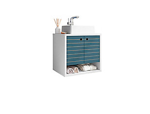 Spruce up your powder room or master bath with the Liberty bathroom sink vanity. This vanity offers storage and style, all while seamlessly tucking away your essentials to transform your space into a hotel- or spa-like bathroom. Detailed doors conceal storage shelves that help store toiletries, tissues or cleaning supplies, while a lower open shelf provides a charming display area.Floating/wall-mounted vanity with sink for bathroom usage | White and aqua blue finish | Made with wood | Sink made with faux marble; vessel faucet installation type | Includes optional splayed legs made with solid wood for extra durability | Includes 1 open lower shelf for storage and 2 doors concealing water pipes | 90-degree open door style with soft-close features and ring cutout knobs with sleek lateral line indent design | Assembly required