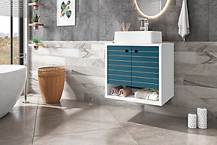 Spruce up your powder room or master bath with the Liberty bathroom sink vanity. This vanity offers storage and style, all while seamlessly tucking away your essentials to transform your space into a hotel- or spa-like bathroom. Detailed doors conceal storage shelves that help store toiletries, tissues or cleaning supplies, while a lower open shelf provides a charming display area.Floating/wall-mounted vanity with sink for bathroom usage | White and aqua blue finish | Made with wood | Sink made with faux marble; vessel faucet installation type | Includes optional splayed legs made with solid wood for extra durability | Includes 1 open lower shelf for storage and 2 doors concealing water pipes | 90-degree open door style with soft-close features and ring cutout knobs with sleek lateral line indent design | Assembly required
