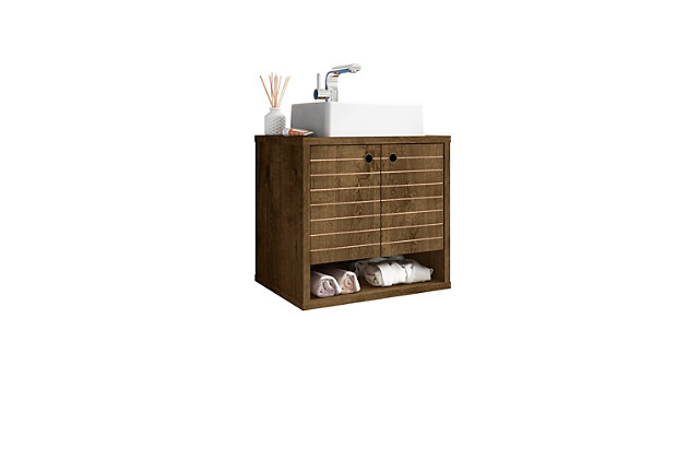 Spruce up your powder room or master bath with the Liberty bathroom sink vanity. This vanity offers storage and style, all while seamlessly tucking away your essentials to transform your space into a hotel- or spa-like bathroom. Detailed doors conceal storage shelves that help store toiletries, tissues or cleaning supplies, while a lower open shelf provides a charming display area.Floating/wall-mounted vanity with sink for bathroom usage | Rustic brown finish | Made with wood | Sink made with faux marble; vessel faucet installation type | Includes optional splayed legs made with solid wood for extra durability | Includes 1 open lower shelf for storage and 2 doors concealing water pipes | 90-degree open door style with soft-close features and ring cutout knobs with sleek lateral line indent design | Assembly required