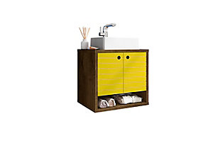 Spruce up your powder room or master bath with the Liberty bathroom sink vanity. This vanity offers storage and style, all while seamlessly tucking away your essentials to transform your space into a hotel- or spa-like bathroom. Detailed doors conceal storage shelves that help store toiletries, tissues or cleaning supplies, while a lower open shelf provides a charming display area.Floating/wall-mounted vanity with sink for bathroom usage | Rustic brown and yellow finish | Made with wood | Sink made with faux marble; vessel faucet installation type | Includes optional splayed legs made with solid wood for extra durability | Includes 1 open lower shelf for storage and 2 doors concealing water pipes | 90-degree open door style with soft-close features and ring cutout knobs with sleek lateral line indent design | Assembly required