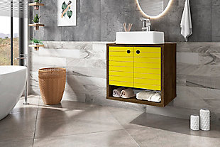 Spruce up your powder room or master bath with the Liberty bathroom sink vanity. This vanity offers storage and style, all while seamlessly tucking away your essentials to transform your space into a hotel- or spa-like bathroom. Detailed doors conceal storage shelves that help store toiletries, tissues or cleaning supplies, while a lower open shelf provides a charming display area.Floating/wall-mounted vanity with sink for bathroom usage | Rustic brown and yellow finish | Made with wood | Sink made with faux marble; vessel faucet installation type | Includes optional splayed legs made with solid wood for extra durability | Includes 1 open lower shelf for storage and 2 doors concealing water pipes | 90-degree open door style with soft-close features and ring cutout knobs with sleek lateral line indent design | Assembly required