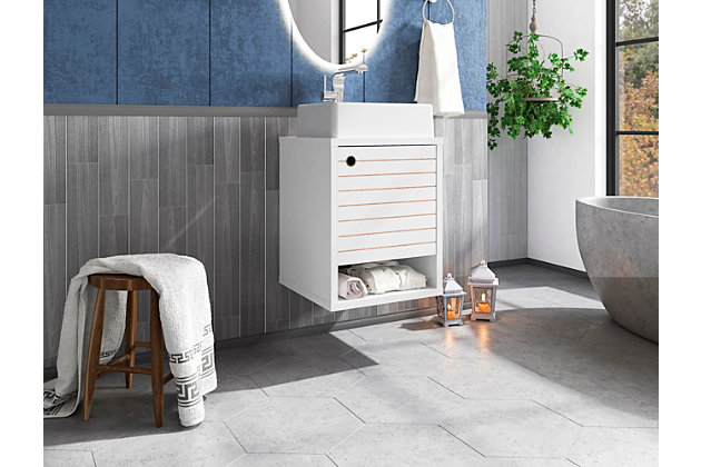 Transform your master bath or powder room into a hotel or spa-like space that isn’t boring or fussy. The Liberty vanity offers storage, style and mid-century modern design elements to take your bathroom to the next level while keeping it clean and streamlined. Concealed storage is perfect for tucking away toiletries, tissues, diffusers and beyond. Lower open shelving provides a charming display space. Splayed legs and intricate lines keep this piece fresh and interesting.Floating/wall-mounted vanity with sink for bathroom usage | White finish | Made with wood | Sink made with faux marble; vessel faucet installation type | Includes optional splayed legs made with solid wood for extra durability | Includes 1 open lower shelf for storage and 1 door concealing water pipes | 90-degree open door style with soft-close features and ring cutout knobs with sleek lateral line indent design | Assembly required