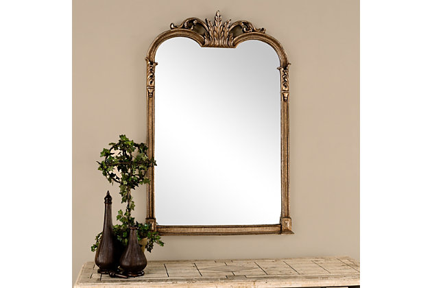 Make a royal splash with the Jacqueline vanity mirror. This mirror frame is finished in a champagne silvertone leaf that has been crackled and antiqued so the dark undercoat shows through the leafing.Resin | Made with resin | Ornate arched design with decorative accents | Champagne silvertone leaf that's been crackled and antiqued | Dark undercoat shows through leafing | Ready to hang