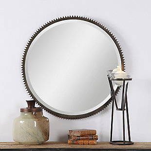 The Werner mirror showcases an industrial take on the timeless gear design. This mirror features notch detailing on the entirety of its frame, finished in a lightly distressed aged bronze tone. The mirror is surrounded by a generous 1.25-inch bevel.Resin, wood products and other, glass | Made with resin, wood and mirrored glass | Gear design with notch detailing on the entirety of its frame | Finished in a lightly distressed aged bronze tone | 1.25" bevel | Ready to hang