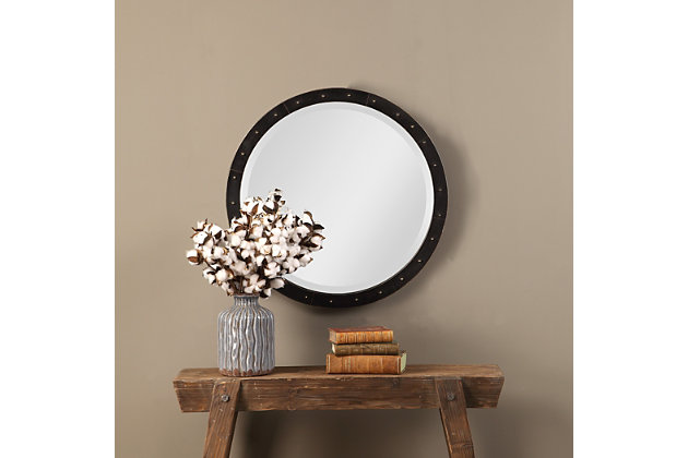 Keep things urban cool with the Beldon mirror. Cladded in copper sheeting and finished in a lightly oxidized dark bronze tone, this urban industrial design is enhanced with exposed antiqued brass-tone decorative screw caps. The mirror is also beveled.Wood products and other, metal, glass | Made with wood, metal and mirrored glass | Cladded in copper sheeting with lightly oxidized dark bronze-tone finish | Exposed antiqued brass-tone screw caps | Beveled mirror | Ready to hang