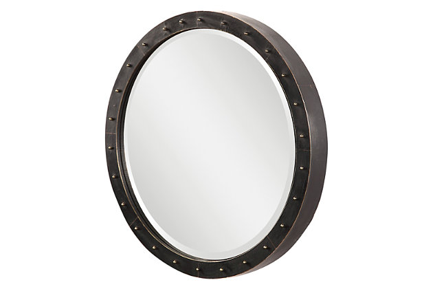 Keep things urban cool with the Beldon mirror. Cladded in copper sheeting and finished in a lightly oxidized dark bronze tone, this urban industrial design is enhanced with exposed antiqued brass-tone decorative screw caps. The mirror is also beveled.Wood products and other, metal, glass | Made with wood, metal and mirrored glass | Cladded in copper sheeting with lightly oxidized dark bronze-tone finish | Exposed antiqued brass-tone screw caps | Beveled mirror | Ready to hang