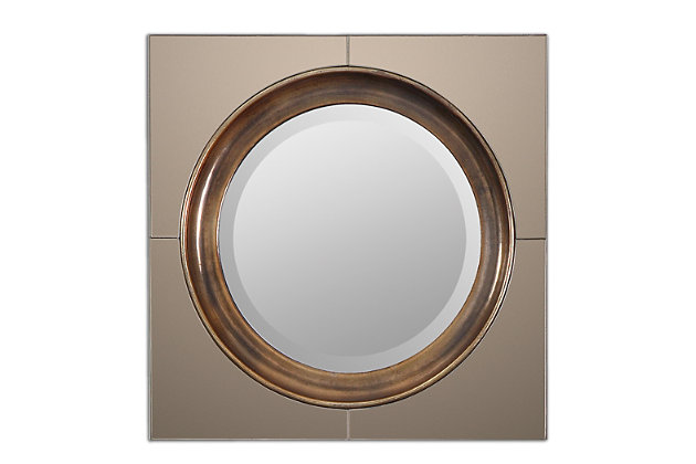 The contemporary Gouveia mirror features antiqued outer mirrors surrounding a center frame, which is finished in a heavily antiqued goldtone. The mirror is also beveled.Wood products and other | Made with wood | Outer antiqued mirrors surround a center frame | Frame finished in a heavily antiqued goldtone | Beveled mirror | Ready to hang
