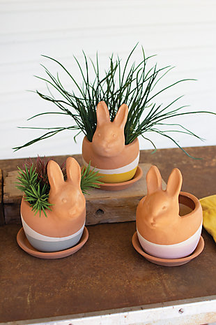 Set of Three Clay Bunny Planters, , large