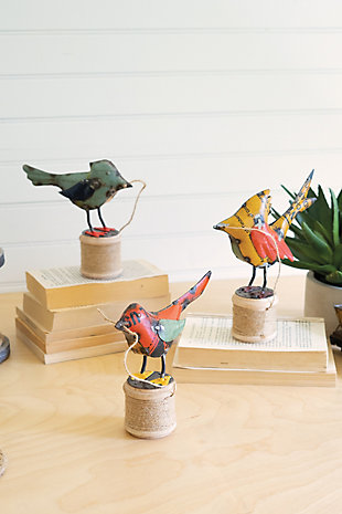 Set of Three Recycled Iron Birds On Wooden Spools of Jute, , rollover