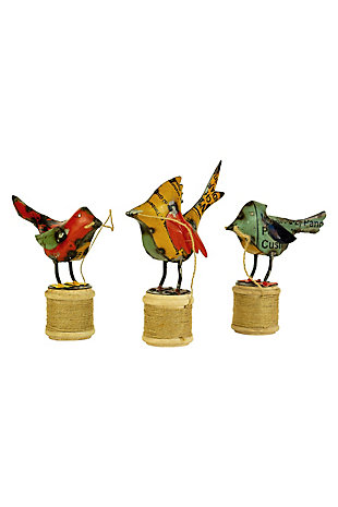 Set of Three Recycled Iron Birds On Wooden Spools of Jute, , large
