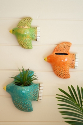 Set of Three Colorful Ceramic Bird Wall Planters, , rollover
