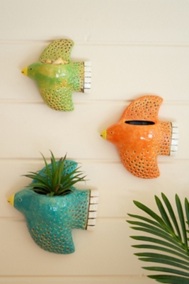 Set of Three Colorful Ceramic Bird Wall Planters, , large