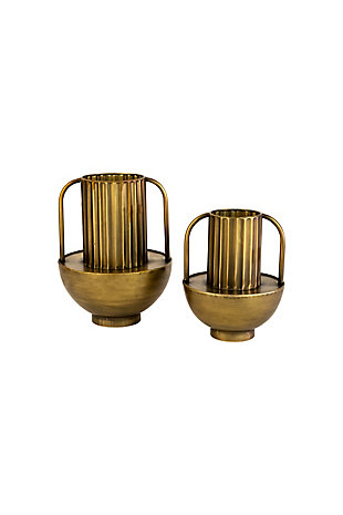 Set of Two Metal Antique Brass Vases with Handles, , large