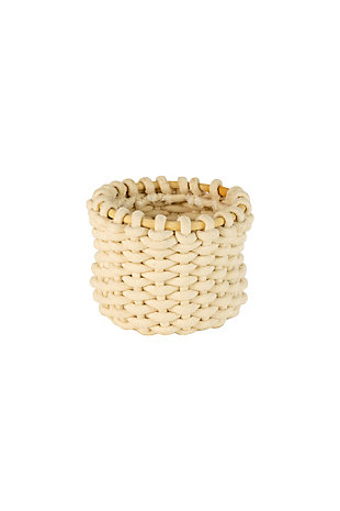 Round Coiled Cotton Basket with Rattan Trim - White, , large