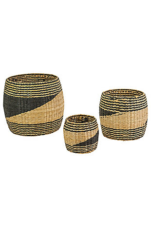 Set of Three Round Black and Natural Seagrass Baskets, , large