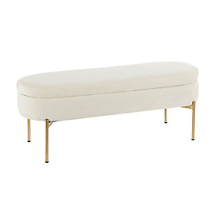 Chloe Contemporary/Glam Storage Bench in Gold Metal and Cream Velvet, Gold/Cream, rollover