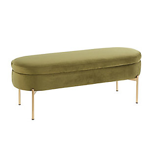 Chloe Contemporary/Glam Storage Bench in Gold Metal and Green Velvet, Gold/Green, large
