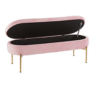 The Chloe Storage Bench by LumiSource provides convenient storage along with a stylish look. Perfect for extra seating, an entryway, or at the foot of a bed, the Chloe Storage Bench features velvet upholstery accented by a luminous gold metal base. Open the flip-top lid to find a roomy storage area where you can conveniently hide magazines, remote controls, and anything else you want to keep out of sight. Available in a variety of colors, choose the one that fits your glam area the best!Stylish velvet upholstery | Goldtone metal base | Flip-top lid | Multi-use bench | Assembly required