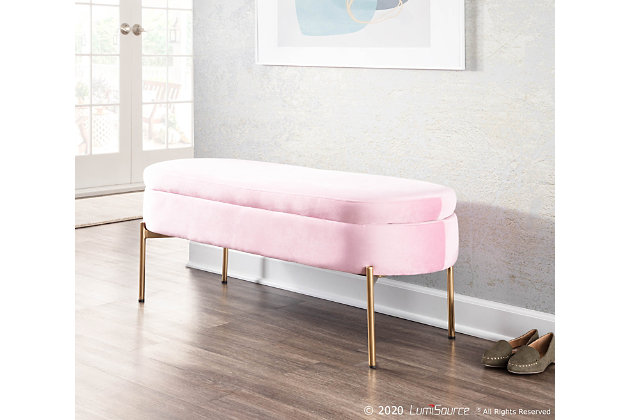 The Chloe Storage Bench by LumiSource provides convenient storage along with a stylish look. Perfect for extra seating, an entryway, or at the foot of a bed, the Chloe Storage Bench features velvet upholstery accented by a luminous gold metal base. Open the flip-top lid to find a roomy storage area where you can conveniently hide magazines, remote controls, and anything else you want to keep out of sight. Available in a variety of colors, choose the one that fits your glam area the best!Stylish velvet upholstery | Goldtone metal base | Flip-top lid | Multi-use bench | Assembly required
