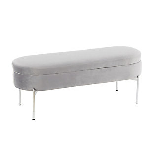 Chloe Contemporary/Glam Storage Bench in Chrome Metal and Gray Velvet, Chrome/Gray, large