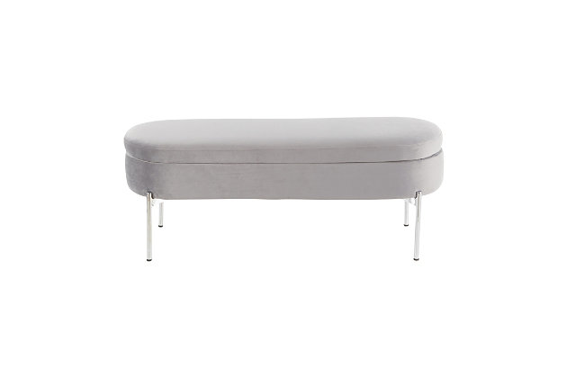 The Chloe Storage Bench by LumiSource provides convenient storage along with a stylish look. Perfect for extra seating, an entryway, or at the foot of a bed, the Chloe Storage Bench features velvet upholstery accented by a luminous Chrome metal base. Open the flip-top lid to find a roomy storage area where you can conveniently hide magazines, remote controls, and anything else you want to keep out of sight. Available in a variety of colors, choose the one that fits your glam area the best!Stylish velvet upholstery | Chrome metal base | Flip-top lid | Multi-use bench | Assembly required