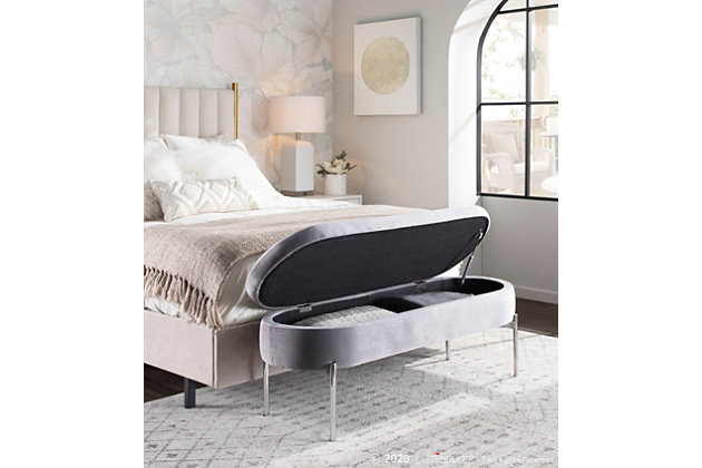 The Chloe Storage Bench by LumiSource provides convenient storage along with a stylish look. Perfect for extra seating, an entryway, or at the foot of a bed, the Chloe Storage Bench features velvet upholstery accented by a luminous Chrome metal base. Open the flip-top lid to find a roomy storage area where you can conveniently hide magazines, remote controls, and anything else you want to keep out of sight. Available in a variety of colors, choose the one that fits your glam area the best!Stylish velvet upholstery | Chrome metal base | Flip-top lid | Multi-use bench | Assembly required