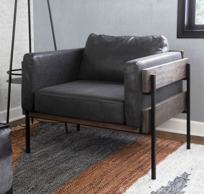 Kari Farmhouse Accent Chair in Black Metal, Gray Wood, and Black Faux Leather, Black/Gray, rollover