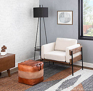 Farmhouse yet luxe, the Kari Chair by LumiSource is a stunning complement to any living room. The wood panel accent and black metal frame contrast a beautifully upholstered seat and backrest. Sit back and relax for hours in the thick seat and back cushions. Available in faux leather or woven fabric upholstery.Stylish fabric upholstery | Unique wood and metal design | Cushioned seat and backrest | Black metal base | Assembly required