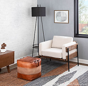 Farmhouse yet luxe, the Kari Chair by LumiSource is a stunning complement to any living room. The wood panel accent and black metal frame contrast a beautifully upholstered seat and backrest. Sit back and relax for hours in the thick seat and back cushions. Available in faux leather or woven fabric upholstery.Stylish fabric upholstery | Unique wood and metal design | Cushioned seat and backrest | Black metal base | Assembly required