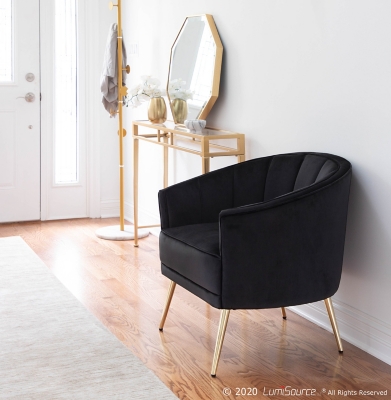 Tania Contemporary/Glam Accent Chair in Gold Metal and Black Velvet, Gold/Black, rollover