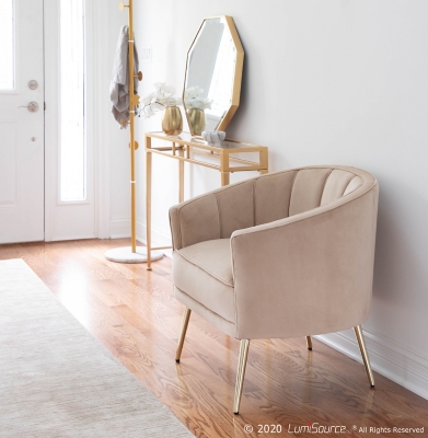 Tania Contemporary/Glam Accent Chair in Gold Metal and Champagne Velvet, Gold/Champagne, rollover