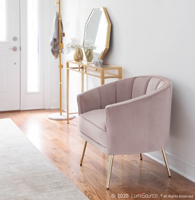 Tania Contemporary/Glam Accent Chair in Gold Metal and Blush Pink Velvet, , rollover