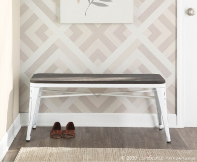 Oregon Industrial-Farmhouse Backless Bench in Vintage White Metal and Espresso Bamboo, Vintage White/Espresso