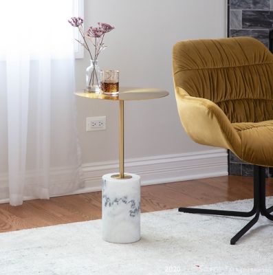 Symbol Contemporary Side Table in Gold Metal and White Marble, , rollover