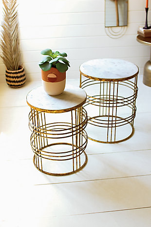 Kalalou Round Marble Top Tables with Rustic Gold Metal Bases (Set Of 2), , rollover