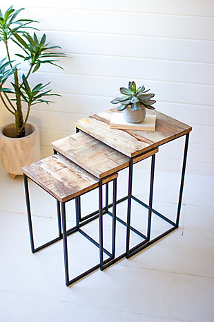 Crafted of mango wood and an open black iron frame, this set of three nesting tables will give your space a sleek and stylish update.Large: 16" x 16" x 24",  medium: 14" x 14" x 22"t;  small: 12" x 12" x 20"t | Color: brown | Made of wood & iron | Natural finish | Accent furniture | Made in india | Wipe clean with dry cloth