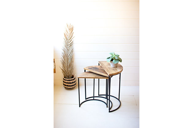 Crafted of mango wood and an open black iron frame, this set of three nesting tables will give your space a sleek and stylish update.Large: 10" x 20" x 22",  medium: 9.5" x 18" x 20.5"t,  small: 9" x 16" x 19"t | Color: natural & black | Made of wood & iron | Natural/black finish | Accent furniture | Made in india | Set includes 3 pieces | Nesting set | Wipe clean with dry cloth