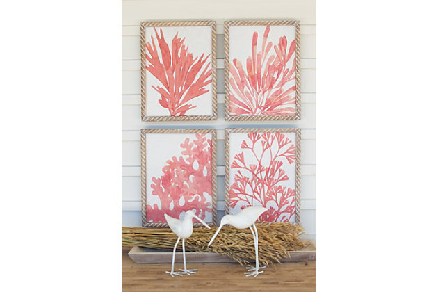 Liven up your space with color! Drawing inspiration from the sea, these coral watercolor art prints are framed in a nautical rope-like wood, further accentuating coastal appeal. 12.5" x 16.5"t each | Color: multi | Made of wood | Distressed finish | Wall décor | Made in china | Set includes 4 pieces | Wipe clean with dry cloth