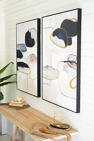 This stunning abstract wall art elicits a serene presence with rounded lines, and a soft neutral palette and black. The boundaries are defined with a black frame, maintaining simplicity. This pair of wondrous art will make a voguish impact in a space28" x 40"t  | Color: multi color with black wood frame | Made of wood & canvas | Distressed finish | Décor | Made in china | Set includes 2 pieces | All the same size | Wipe clean with dry cloth