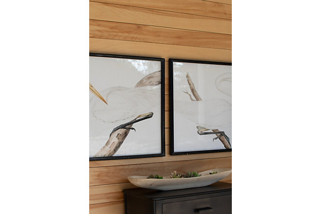 With an appreciation for aviary art, the set of 2 heron prints under glass present a masterful look at these magnificent birds27.5" x 21.5"t each | Color: multi frame with natural wood frame | Made of glass & wood | Distressed finish | Décor | Made in china | Set includes 2 pieces | All the same size | Wipe clean with dry cloth