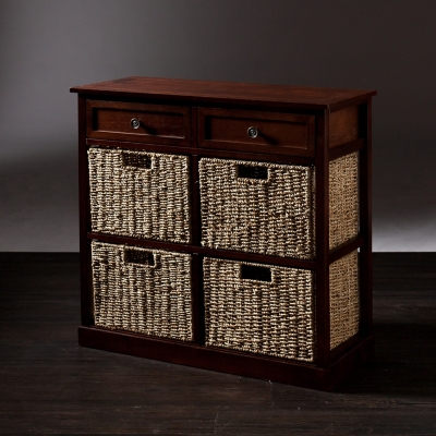 espresso wooden storage cabinet with wicker baskets from