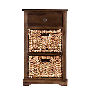 The Jayton basket storage shelf sure makes being organized look easy-breezy. Great for clothes and the perfect catchall for toys, towels and bathroom essentials, the pair of water hyacinth baskets and smooth-gliding drawer are a natural fit. With its coastal cool vibe, the driftwoody distressed finish goes with the flow.Made of acacia wood, engineered wood, acacia veneer, water hyacinth and metal | Distressed finish | 2 woven storage baskets | 1 smooth-gliding drawer | Antiqued bronze-tone knob | Assembly required | Assembly time frame is 15 to 30 min.