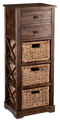 Southern Enterprises Jayton Storage Bench with 3 Woven Baskets Antique Brown Finish and Natural Water Hyacinth 