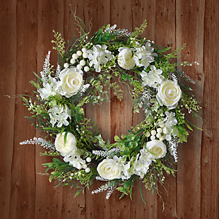 National Tree Company White Hydrangea and Rose Wreath, , rollover