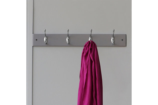 If you’re looking for a compact solution, to organize all your essentials this hook rail is a perfect match for you. The rail measures 17.75 inches long and 2.75 inches wide, just large enough to line up and organize all your essentials without taking up too much wall space. Place by the front door as a dropping zone for every member of your family to store their house and car keys. The hook rail is a great addition to a bare wall in the entryway, collecting coats from your guests as they enter your home. Or use in the bathroom to keep spare towels within reach. With its dual hook design the rack allows you to double your holding capacity of your most important items. Each hooks measures .75 inches, by 2.75 inches, and is 3 inches high. It comes complete with screws and screw covers, so you can quickly install the unit as soon as you open it from its packaging. To install the unit, screw the walls into the two mounted holes. Each hook can hold a maximum of approximately 5 lbs. From modern to industrial or anything in between, this stylish hanging rack will make an excellent addition no matter the décor. Item dimensions may differ slightly due to the unique nature of the product. Color and finish may also differ slightly from the images shown due to differences in monitor displays. Drill and screw driver is not included. Props and accessories are not included.Dual hooks with a deep curve design gives you doubles the hanging capacity for storing more of your essential items, like hats, jackets, coats, keys, scarves, and leashes | Size of hook: 0.75” x 2.75”/1.9 x 6.98 cm | Mounting holes allow you to secure the rack to the wall; sleek design perfect for adding stylish storage to a blank wall in the entryway, foyer, hallway, bathroom, bedroom | Made with a high quality, solid mdf base with durable steel hooks the entire hook rail can support a total weight capacity of up to 20 lbs. | Size of rail: 17.75” x 2.75”/ 45.08 x 6.98 cm, weight capacity per hook: 5 lbs. | Easy assembly with screws and screw covers included to make installation a breeze