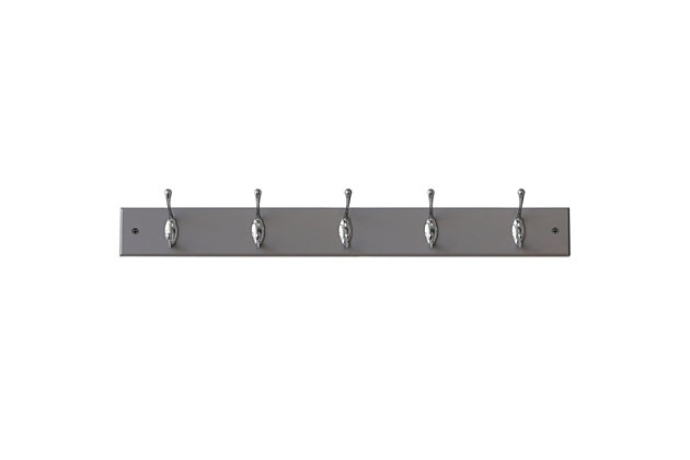 If you’re looking for a compact solution, to organize all your essentials this hook rail is a perfect match for you. The rail measures 27 inches long and 2.75 inches wide, just large enough to line up and organize all your essentials without taking up too much wall space. Place by the front door as a dropping zone for every member of your family to store their house and car keys. The hook rail is a great addition to a bare wall in the entryway, collecting coats from your guests as they enter your home. Or use in the bathroom to keep spare towels within reach. With its dual hook design the rack allows you to double your holding capacity of your most important items. Each hooks measures .75 inches, by 2.75 inches, and is 3 inches high and are perfectly spaced at 3.75 inches apart. It comes complete with screws and screw covers, so you can quickly install the unit as soon as you open it from its packaging. To install the unit, screw the walls into the two mounted holes. Each hook can hold a maximum of approximately 5 lbs. From modern to industrial or anything in between, this stylish hanging rack will make an excellent addition no matter the décor. Item dimensions may differ slightly due to the unique nature of the product. Color and finish may also differ slightly from the images shown due to differences in monitor displays. Drill and screw driver is not included. Props and accessories are not included.Dual hooks with a deep curve design gives you doubles the hanging capacity for storing more of your essential items, like hats, jackets, coats, keys, scarves, and leashes | Size of hook: 0.75” x 2.75”/1.9 x 6.98 cm, distance between hooks: 3.75” | Mounting holes allow you to secure the rack to the wall; sleek design perfect for adding stylish storage to a blank wall in the entryway, foyer, hallway, bathroom, bedroom | Made with a high quality, solid mdf base with durable steel hooks the entire hook rail can support a total weight capacity of up to 25 lbs. | Size of rail: 27” x 2.75”/ 68.58 x 6.98 cm, weight capacity per hook: 5 lbs. | Easy assembly with screws and screw covers included to make installation a breeze