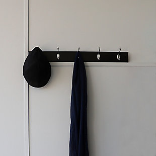 Tidy up and maximize your space with this wall mounted hanging rack. Great for entryways and hallways. Use to hang scarves, hats, handbags. Each rail features deep curved hooks for maximum hanging capacity. And with a simple design it will match any décor. Spot clean.Sturdy double hooks for hanging hats, jackets, coats, scarves and leashes | Classic design matches any décor, making it great for every room | Wall mounted design maximizes space to eliminate clutter on the floor | Made of solid mdf rail with chrome hooks | 30 pound approximate weight capacity