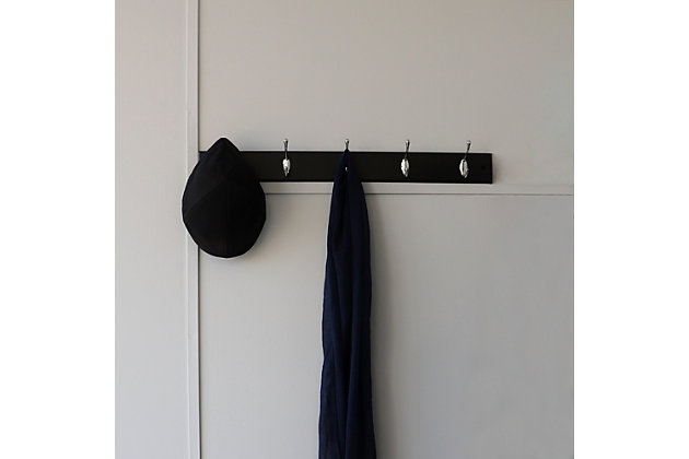 Tidy up and maximize your space with this wall mounted hanging rack. Great for entryways and hallways. Use to hang scarves, hats, handbags. Each rail features deep curved hooks for maximum hanging capacity. And with a simple design it will match any décor. Spot clean.Sturdy double hooks for hanging hats, jackets, coats, scarves and leashes | Classic design matches any décor, making it great for every room | Wall mounted design maximizes space to eliminate clutter on the floor | Made of solid mdf rail with chrome hooks | 30 pound approximate weight capacity